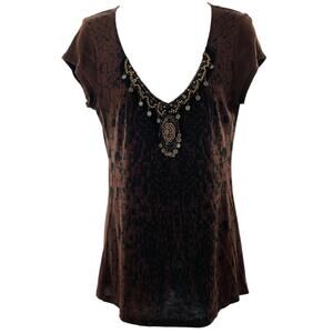 Free Society Brown Black Sleeveless Boho V-Neck Embellished Hippie Tank Top S